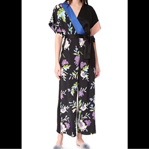 Diane‎ Von Furstenberg Faux Wrap Jumpsuit Black Floral Silk ASO Zoey Johnson M - Picture 1 of 12